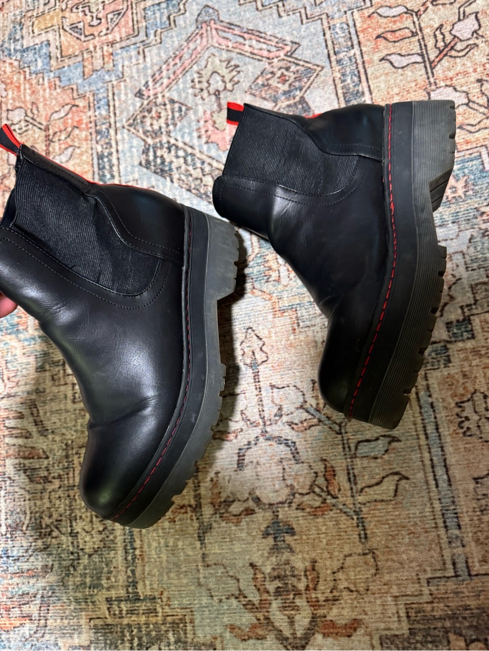 Woman’s Black Leather Chelsea Boots with Red Stitch Detailing